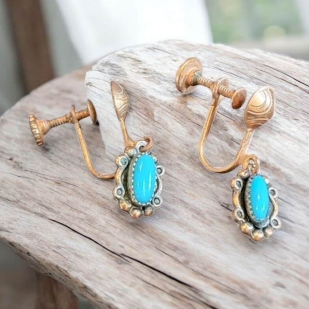 Vintage Stamped Solid Copper Turquoise Screw Back Dainty Drop Earrings